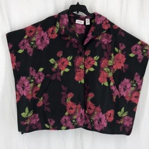Le Moda fleece cape wrap coat 2 pockets red & wine floral roses OneSizeFitsMost